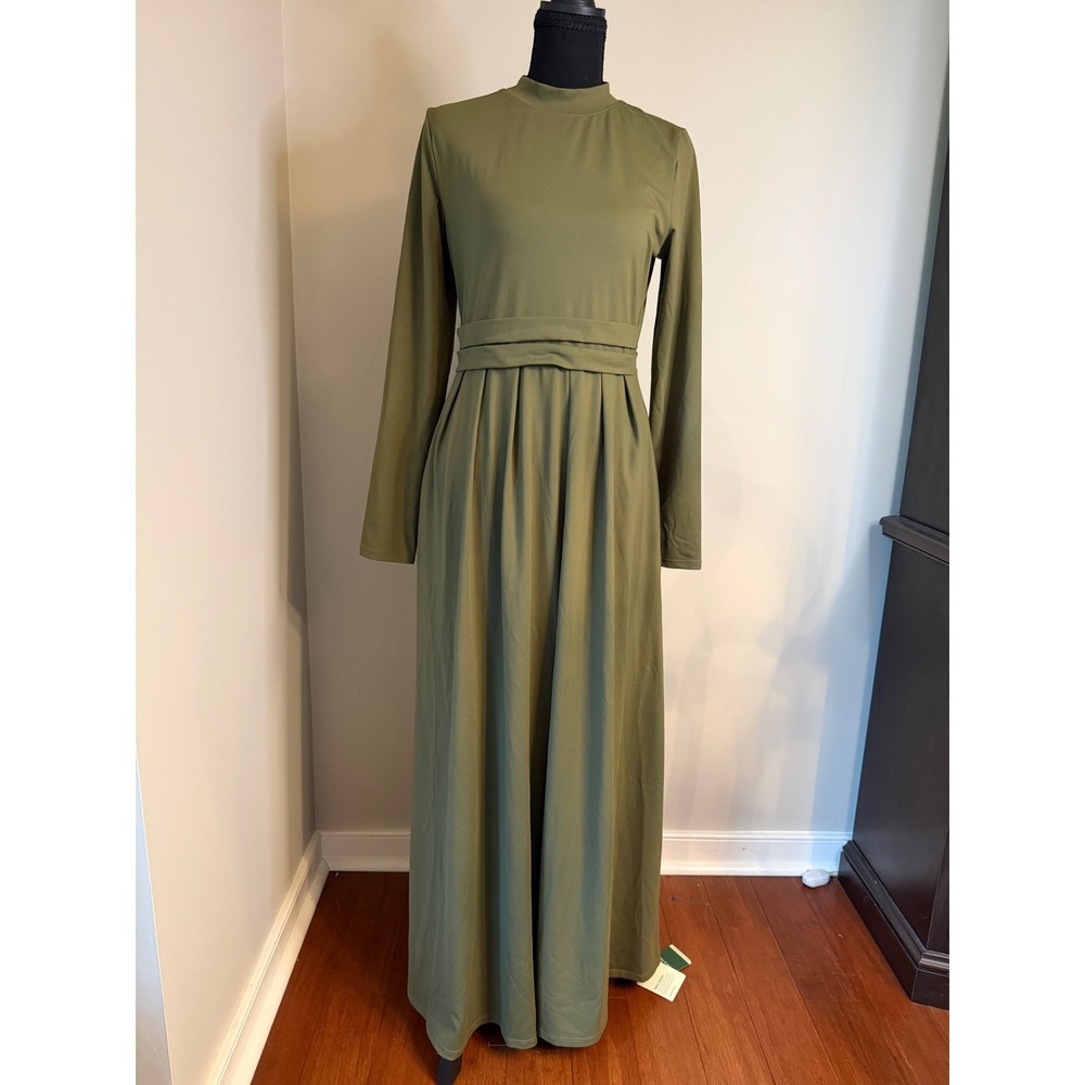 NWT Halara Maxi Dress Womens Size M Olive Green Long Sleeve Mock Neck Pockets